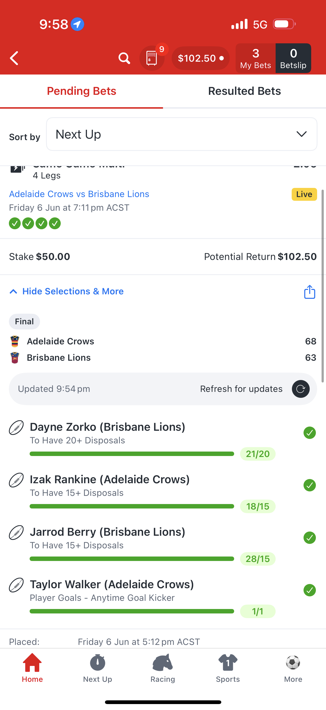 Bet slip from Liam S.